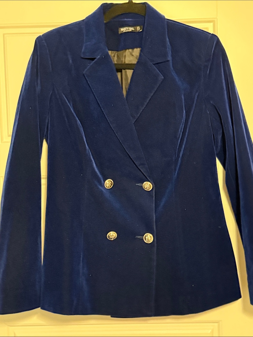 Nasty Gal Royal Blue Velvet Double-Breasted Blazer with Gold Buttons